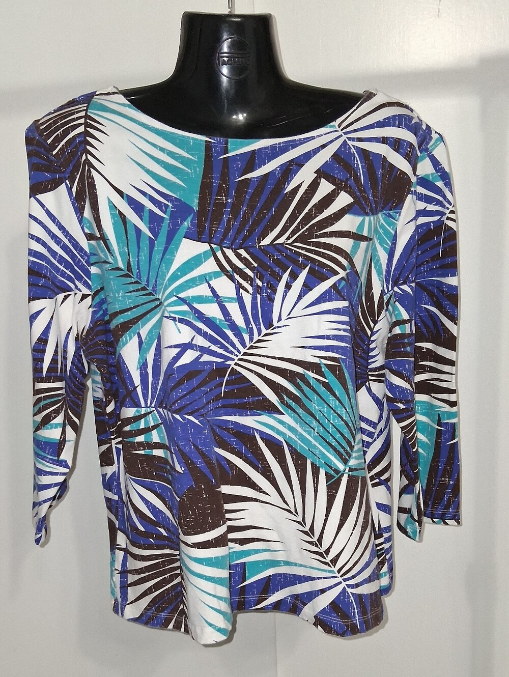 Ruby Rd. Tropical Palm Print 3/4 Sleeve Top in Blue, Teal & White Size PXL